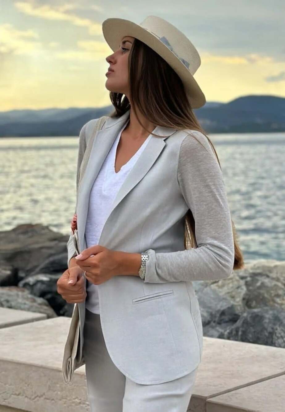 100% Capri Puro Lino Single Button Linen Blazer Jacket 1 XS Womens Gray $895